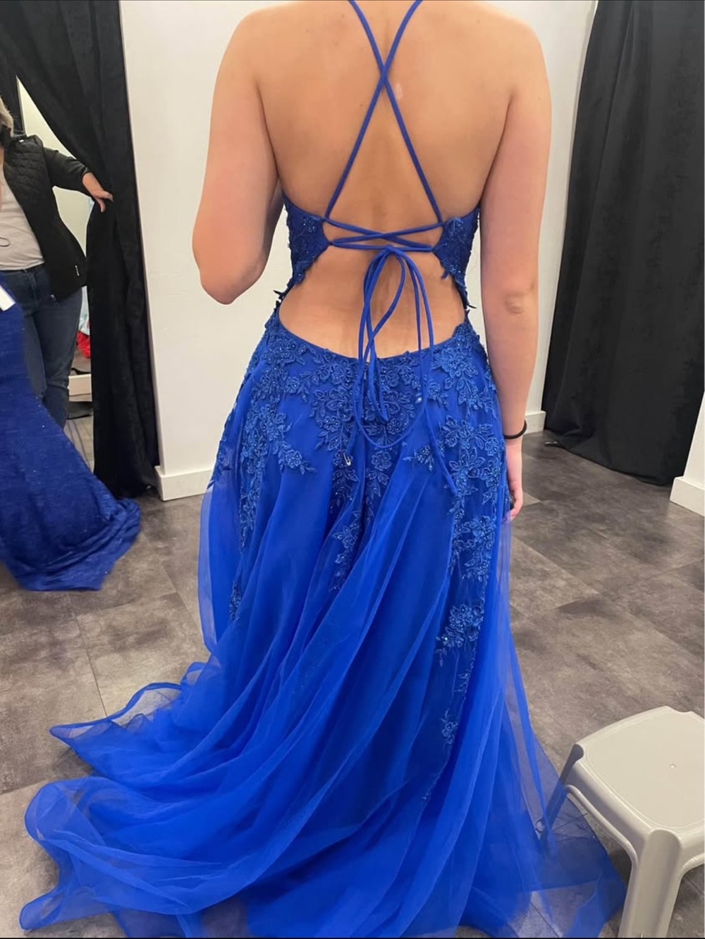 Royal Blue Lace & Tulle Open-Back Evening Dress